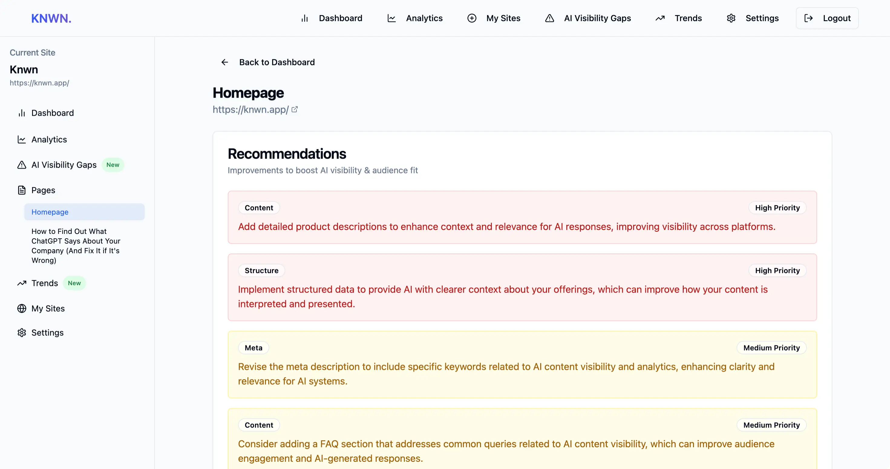 KNWN Visibility recommendations screen showing page-level findings and suggested actions, proving the MCP reads from a working product rather than a standalone demo.